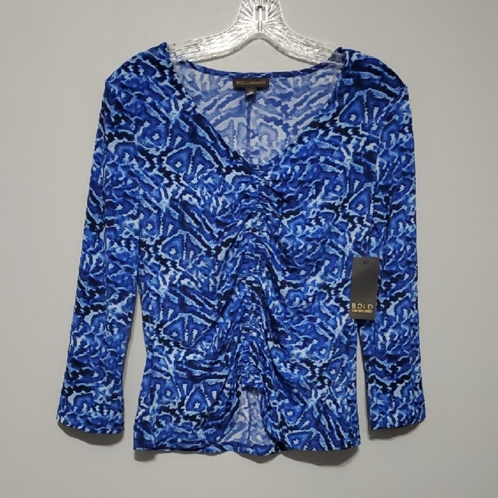 Bold Elements Top Women's Sz Medium Blue Coastal Artsy Ruched Abstract Pattern